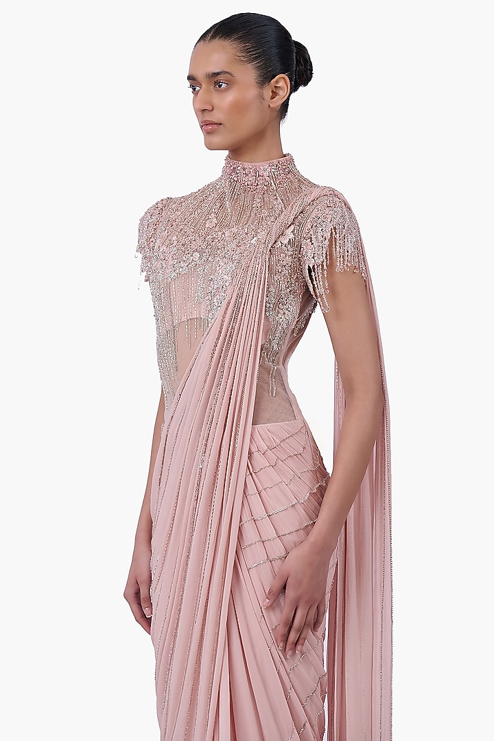 Blush Pink Georgette Embroidered Draped Bridal Gown Saree by Gaurav Gupta at Pernia's Pop Up Shop
