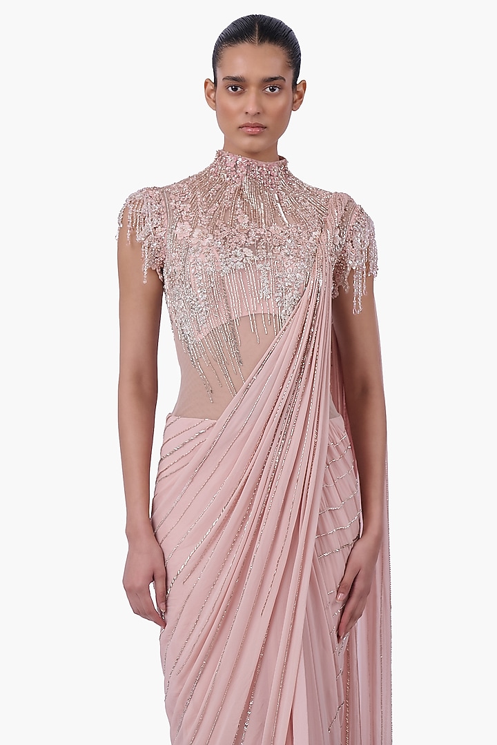 Blush Pink Georgette Embroidered Draped Bridal Gown Saree by Gaurav Gupta at Pernia's Pop Up Shop