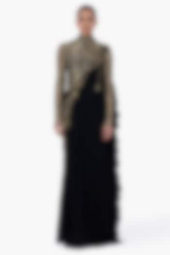 Black & Gold Georgette Embroidered Draped Bridal Gown Saree by Gaurav Gupta at Pernia's Pop Up Shop