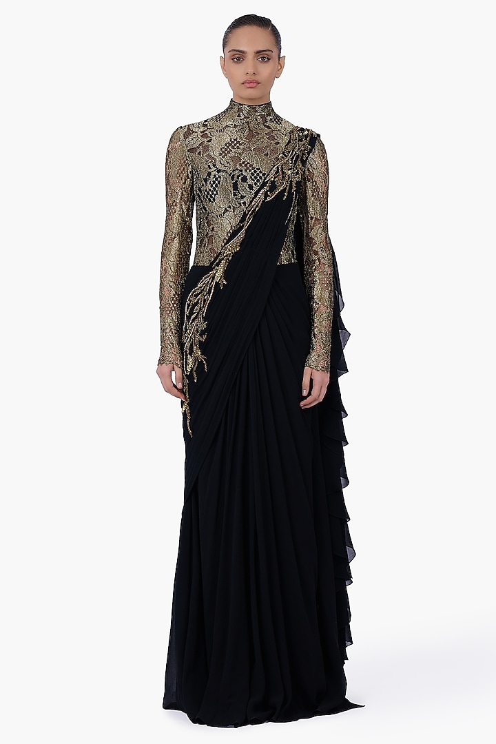 Black & Gold Georgette Embroidered Draped Bridal Gown Saree by Gaurav Gupta at Pernia's Pop Up Shop