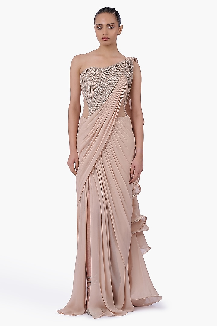 Champagne Georgette Embroidered Draped Bridal Gown Saree by Gaurav Gupta at Pernia's Pop Up Shop