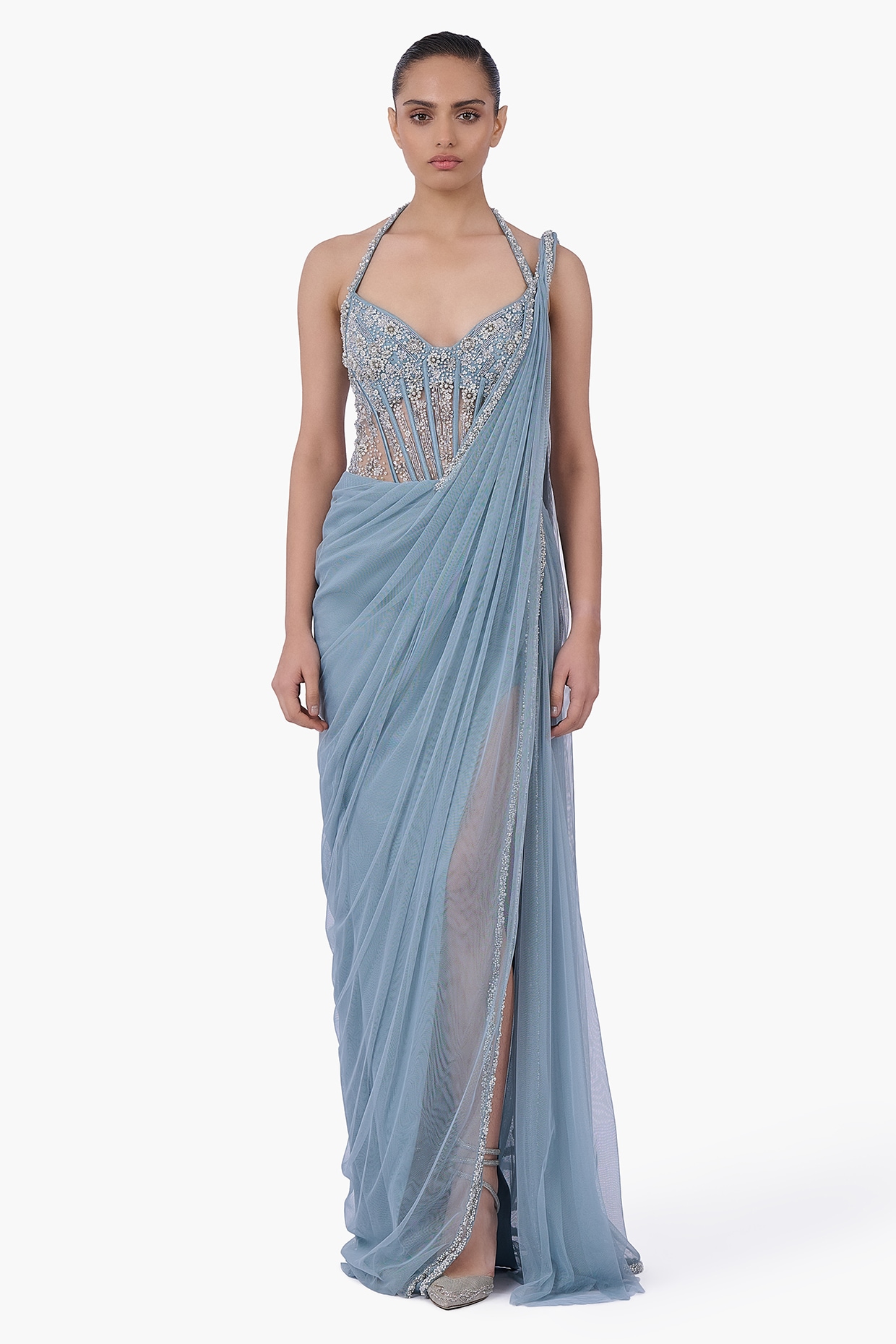 Gaurav Gupta Feather Blue Net Crystal Embroidered Draped Gown Saree