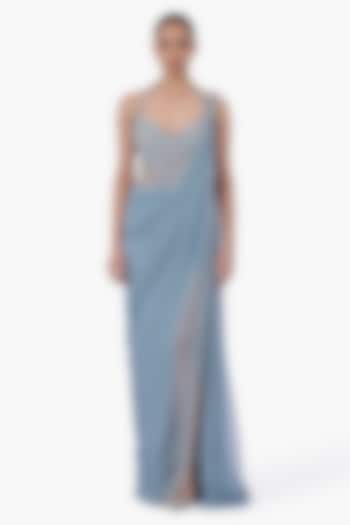 Feather Blue Net Crystal Embroidered Draped Bridal Gown Saree by Gaurav Gupta at Pernia's Pop Up Shop