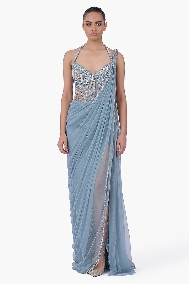 Feather Blue Net Crystal Embroidered Draped Bridal Gown Saree by Gaurav Gupta at Pernia's Pop Up Shop