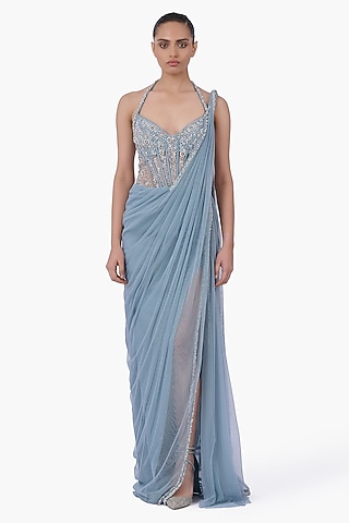 Feather Blue Net Crystal Embroidered Draped Gown Saree by Gaurav Gupta