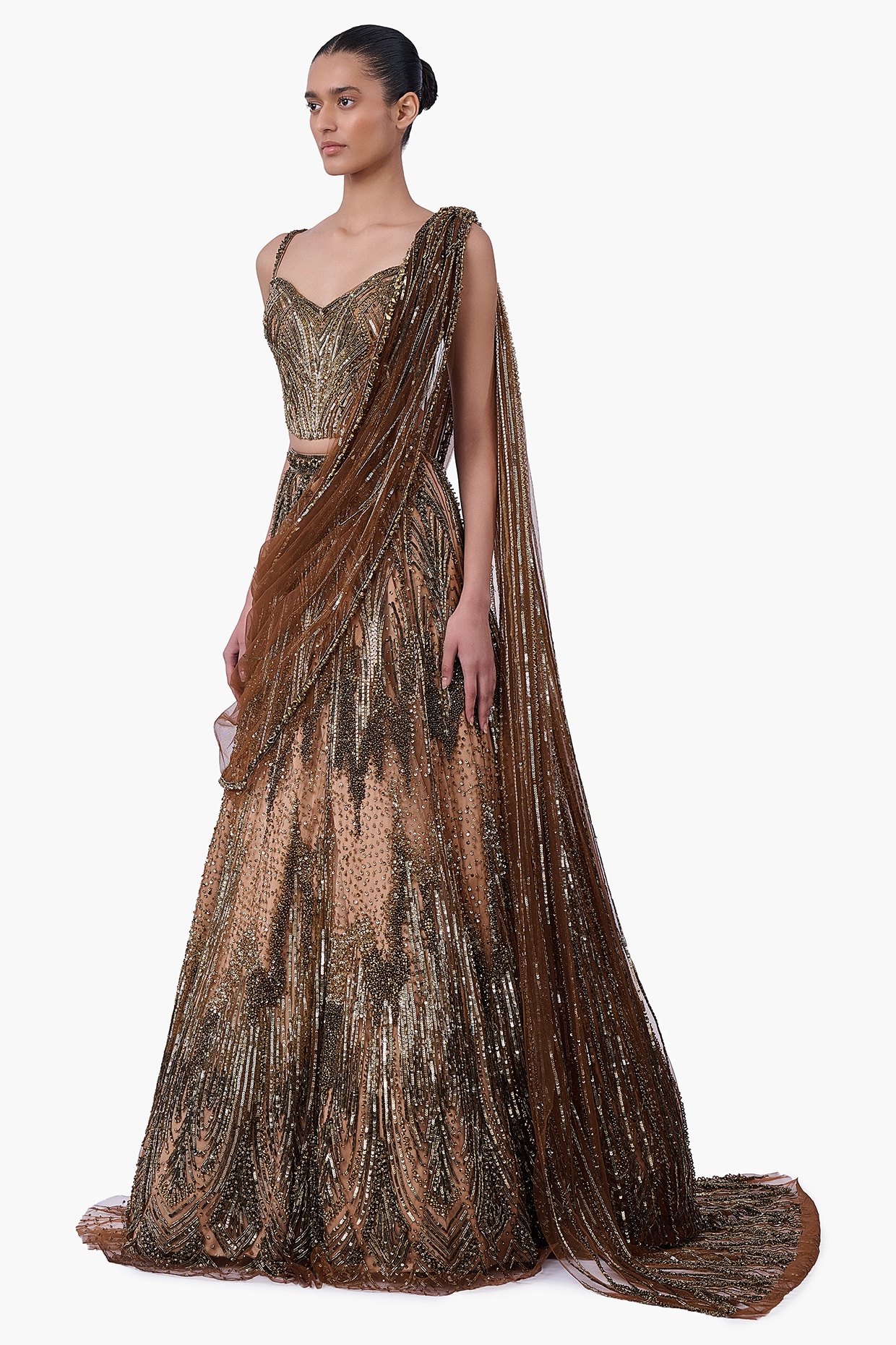 Gaurav Gupta Antique Gold Embellished Draped Lehenga Saree Set