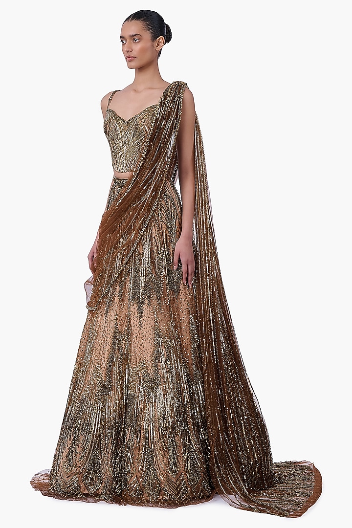 Antique Gold Embellished Draped Bridal Lehenga Saree Set by Gaurav Gupta at Pernia's Pop Up Shop