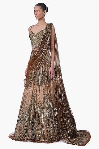 Antique Gold Embellished Draped Lehenga Saree Set by Gaurav Gupta