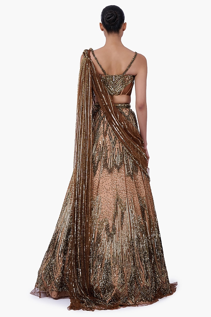 Antique Gold Embellished Draped Bridal Lehenga Saree Set by Gaurav Gupta at Pernia's Pop Up Shop