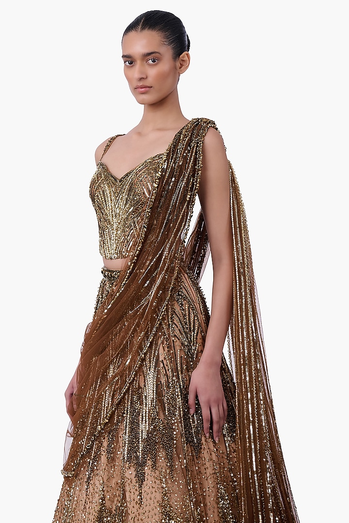 Antique Gold Embellished Draped Bridal Lehenga Saree Set by Gaurav Gupta at Pernia's Pop Up Shop