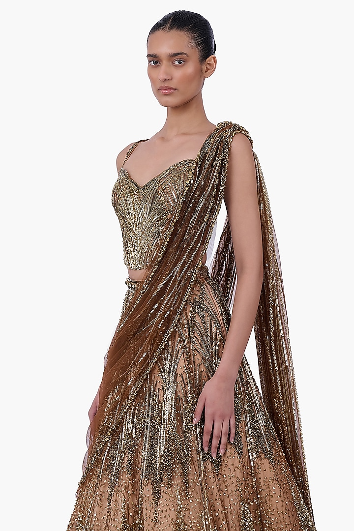 Antique Gold Embellished Draped Bridal Lehenga Saree Set by Gaurav Gupta at Pernia's Pop Up Shop