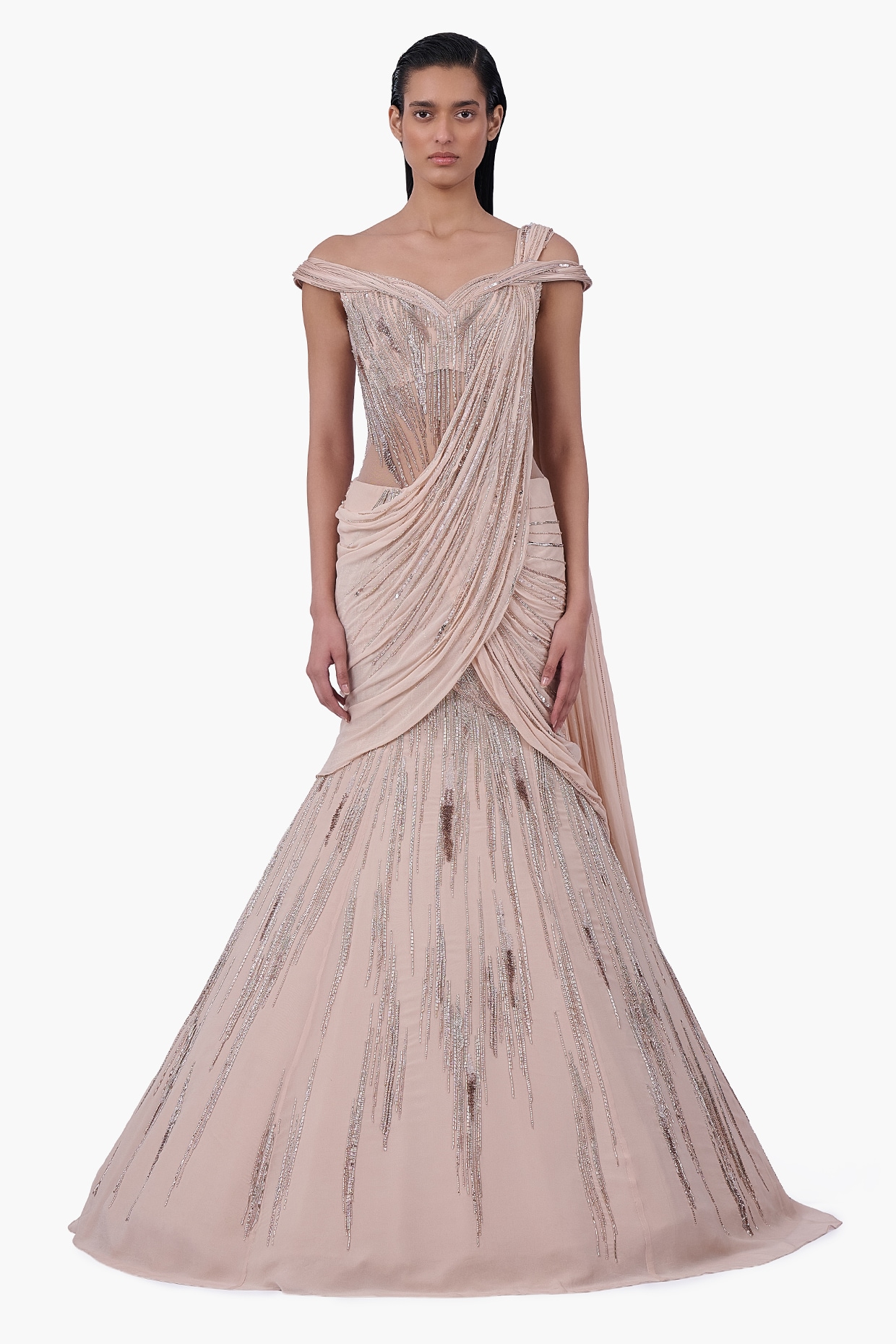 Gaurav Gupta Haze Champagne Georgette Embellished Draped Lehenga Saree