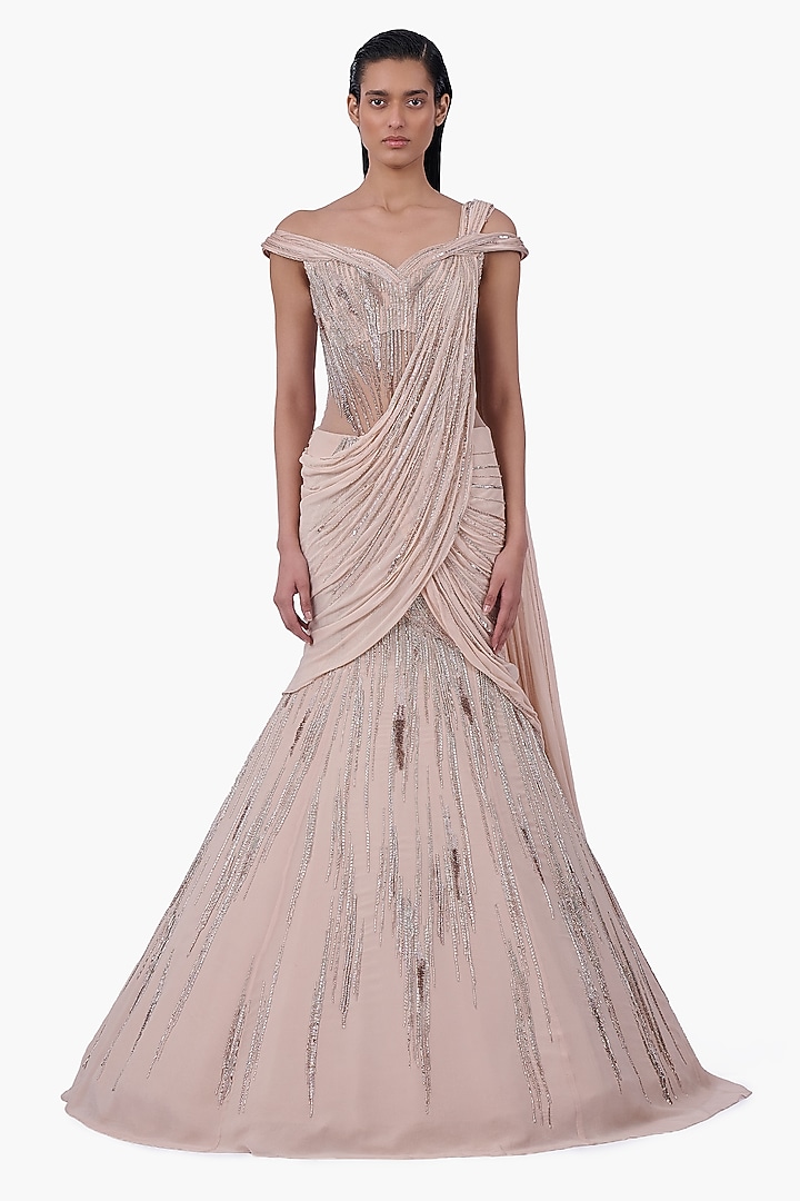 Haze Champagne Georgette Embellished Draped Bridal Lehenga Saree by Gaurav Gupta at Pernia's Pop Up Shop