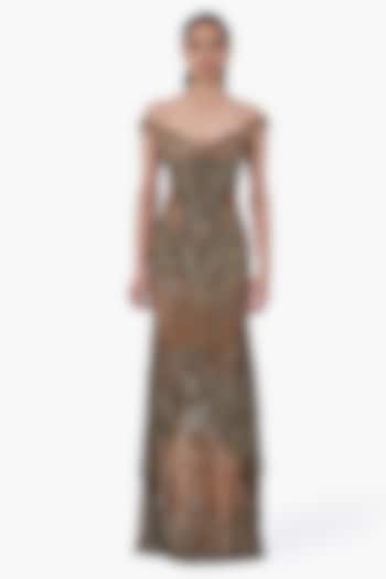 Antique Gold Net Embellished Sculpted Bridal Gown by Gaurav Gupta at Pernia's Pop Up Shop