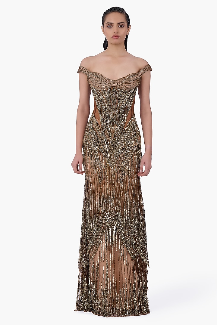 Antique Gold Net Embellished Sculpted Bridal Gown by Gaurav Gupta at Pernia's Pop Up Shop