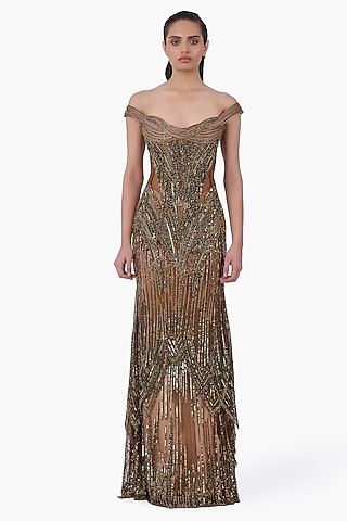 Antique Gold Net Embellished Sculpted Gown by Gaurav Gupta
