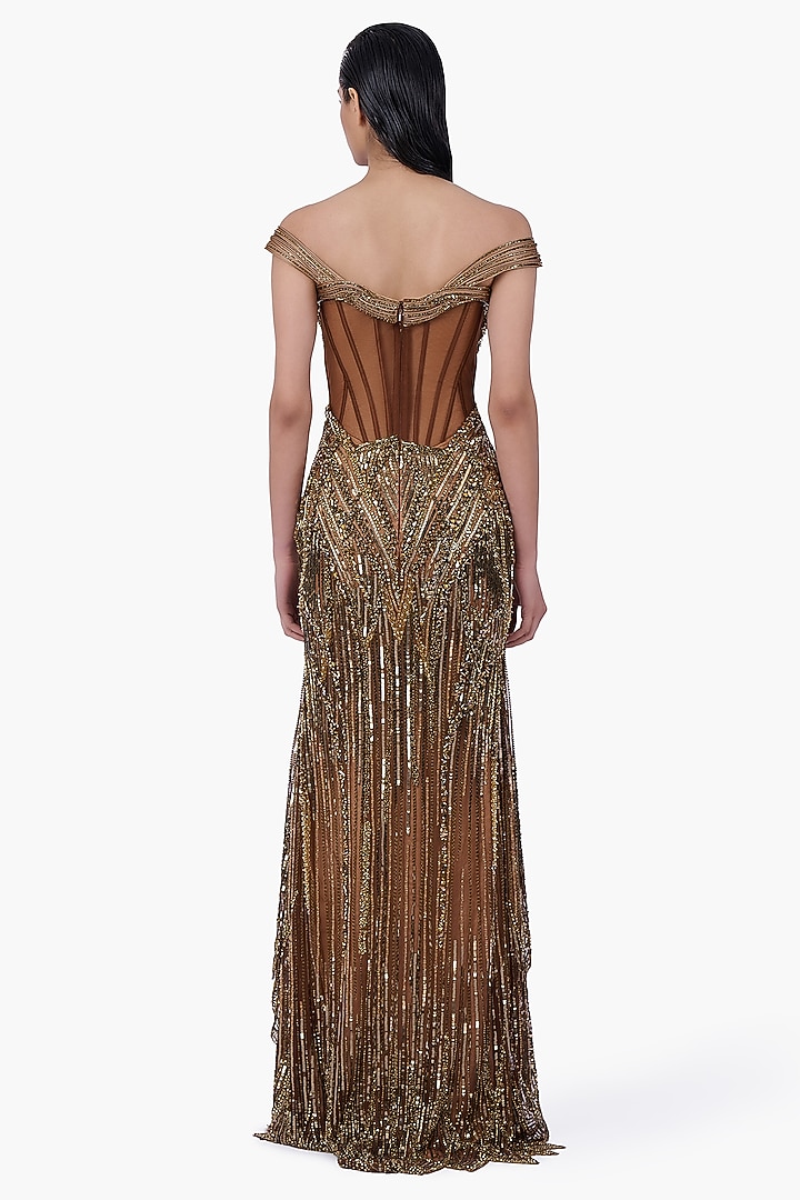Antique Gold Net Embellished Sculpted Bridal Gown by Gaurav Gupta at Pernia's Pop Up Shop
