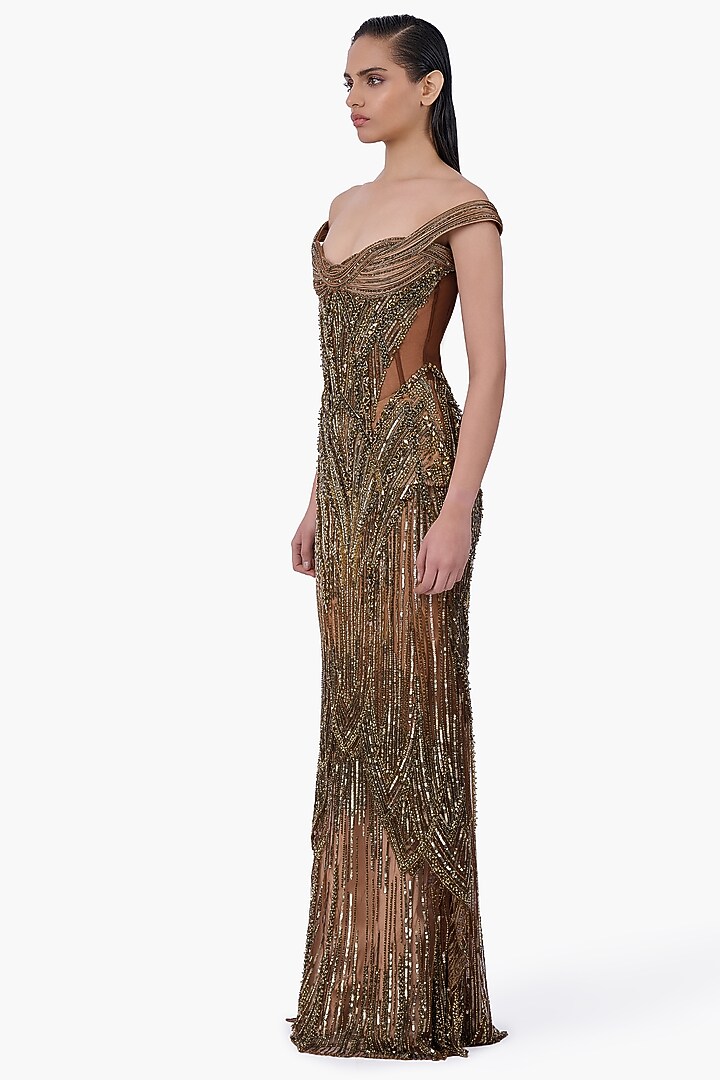 Antique Gold Net Embellished Sculpted Bridal Gown by Gaurav Gupta at Pernia's Pop Up Shop