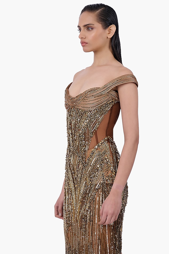 Antique Gold Net Embellished Sculpted Bridal Gown by Gaurav Gupta at Pernia's Pop Up Shop