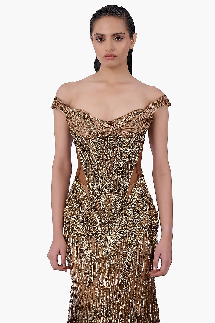 Antique Gold Net Embellished Sculpted Bridal Gown by Gaurav Gupta at Pernia's Pop Up Shop