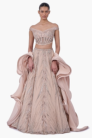 Haze Champagne Georgette Embroidered Lehenga Set by Gaurav Gupta
