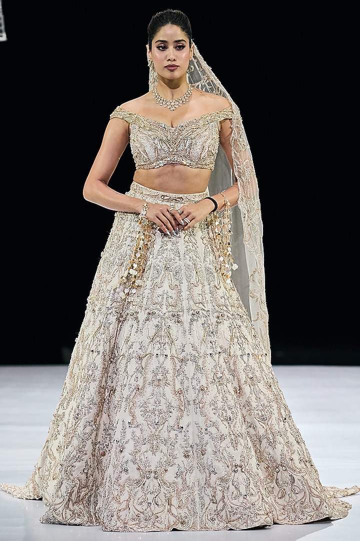 Ivory & Gold Silk Brocade Zardosi Embroidered Lehenga Set by Gaurav Gupta at Pernia's Pop Up Shop