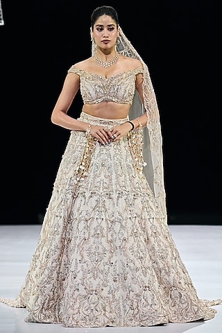 Ivory & Gold Silk Brocade Zardosi Embroidered Lehenga Set by Gaurav Gupta