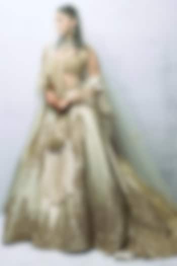 Antique Gold Mist Silk Brocade Floral Embroidered Lehenga Set by Gaurav Gupta at Pernia's Pop Up Shop