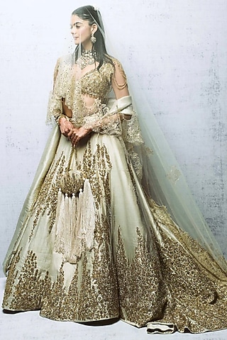 Antique Gold Mist Silk Brocade Floral Embroidered Lehenga Set by Gaurav Gupta