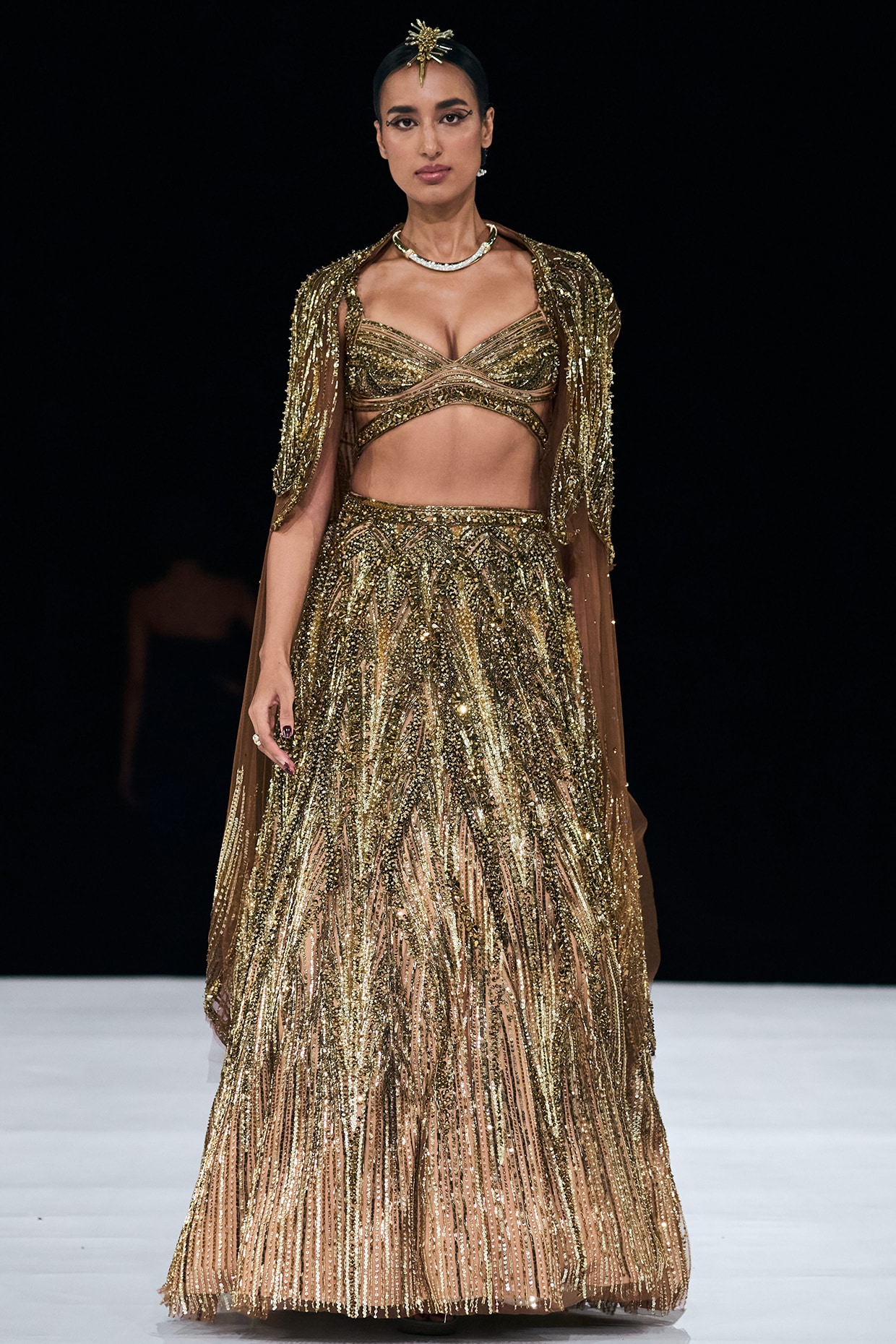 Gaurav Gupta Antique Gold Tulle Crystal Embroidered Jacket Lehenga Set