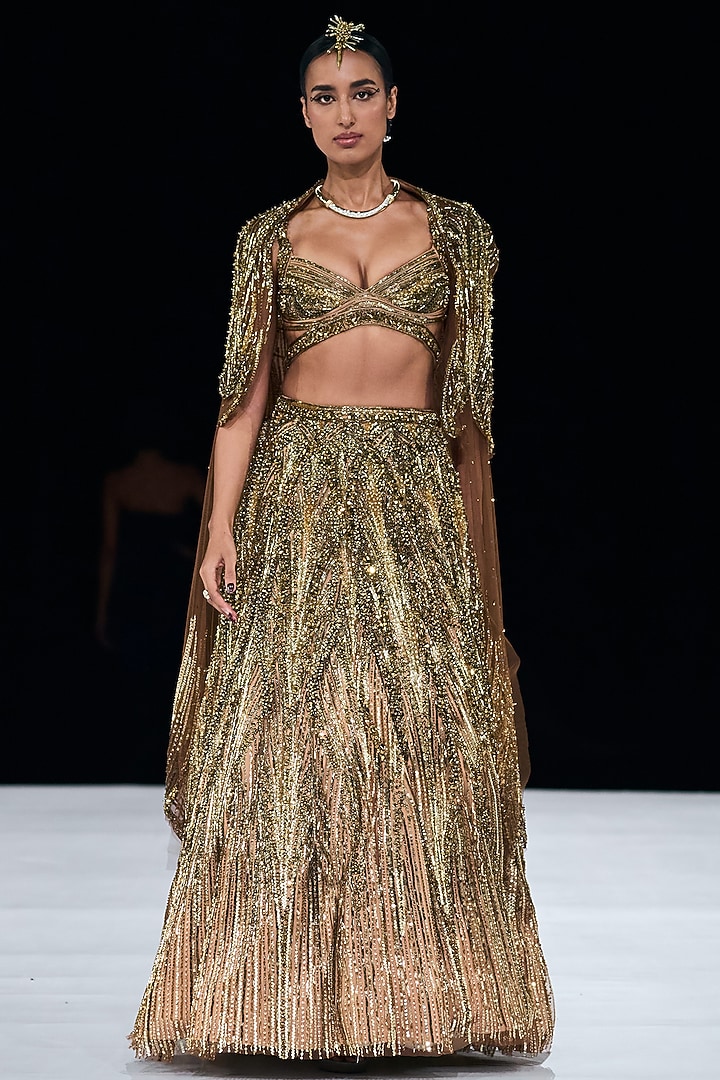 Antique Gold Tulle Crystal Embroidered Jacket Bridal Lehenga Set by Gaurav Gupta at Pernia's Pop Up Shop