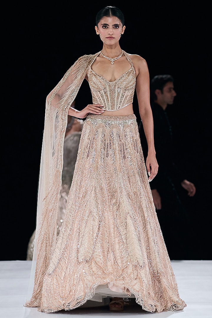 Haze Champagne Tulle Crystal Embroidered Jacket Bridal Lehenga Set by Gaurav Gupta at Pernia's Pop Up Shop