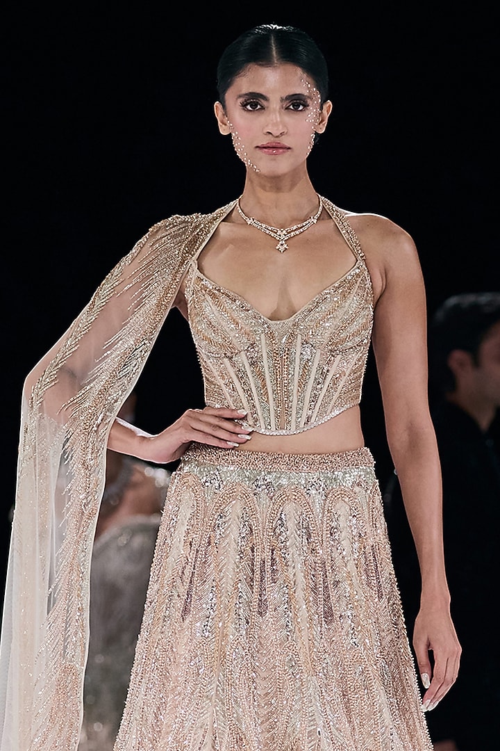Haze Champagne Tulle Crystal Embroidered Jacket Bridal Lehenga Set by Gaurav Gupta at Pernia's Pop Up Shop