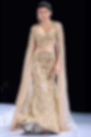 Light Gold Silk Brocade Crystal Embroidered Jacket Bridal Lehenga Set by Gaurav Gupta at Pernia's Pop Up Shop