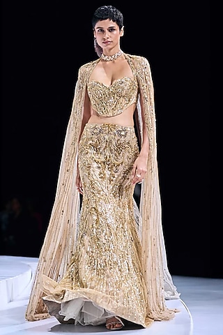 Light Gold Silk Brocade Crystal Embroidered Jacket Lehenga Set by Gaurav Gupta