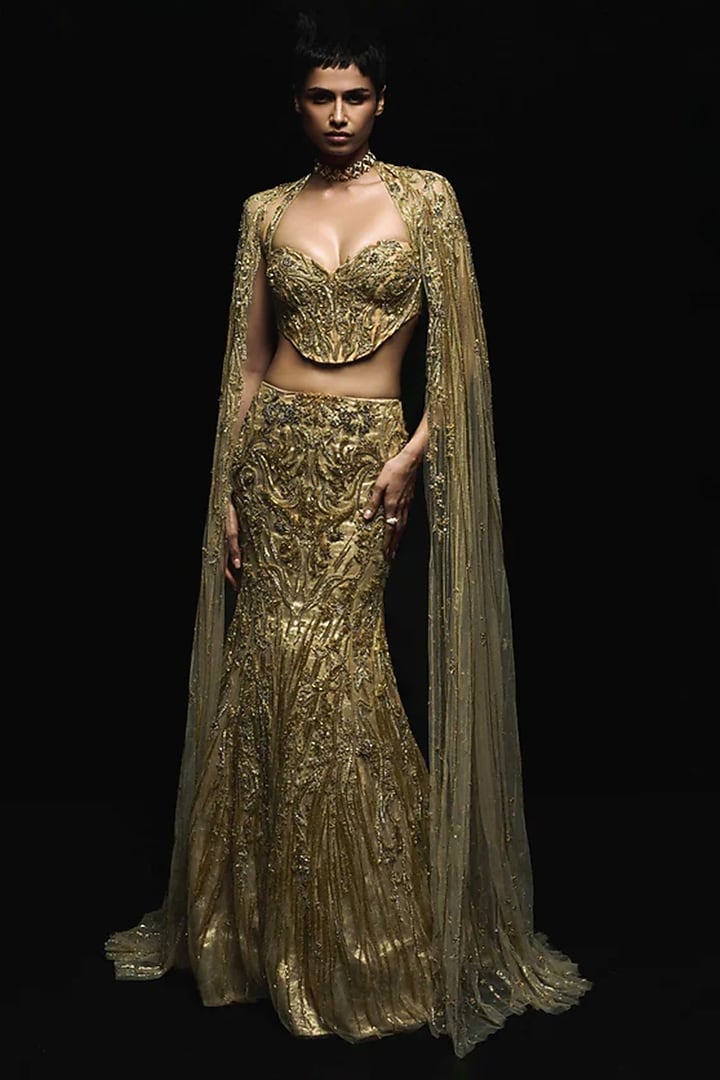 Light Gold Silk Brocade Crystal Embroidered Jacket Bridal Lehenga Set by Gaurav Gupta at Pernia's Pop Up Shop