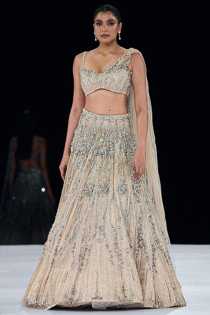 Nude Tulle Crystal Embroidered Lehenga Set by Gaurav Gupta at Pernia's Pop Up Shop