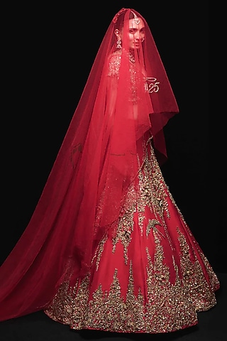 Vermilion Red Dupion Silk Zardosi Embroidered Lehenga Set by Gaurav Gupta