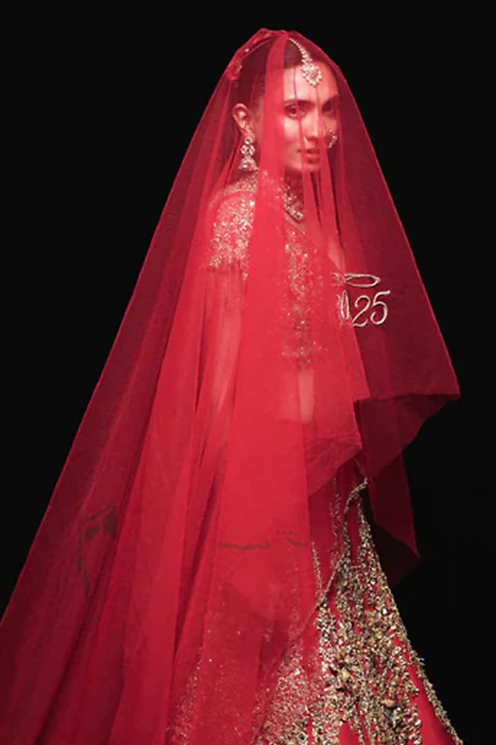 Vermilion Red Dupion Silk Zardosi Embroidered Lehenga Set by Gaurav Gupta at Pernia's Pop Up Shop