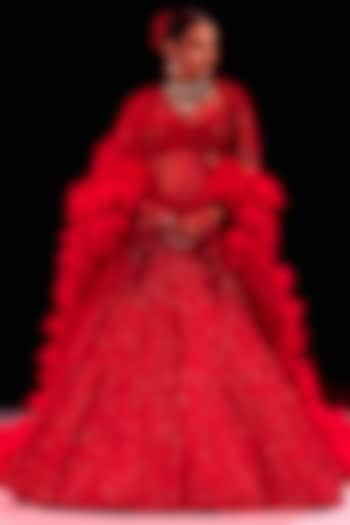 Vermilion Red Tulle Crystal Embroidered Lehenga Set by Gaurav Gupta at Pernia's Pop Up Shop