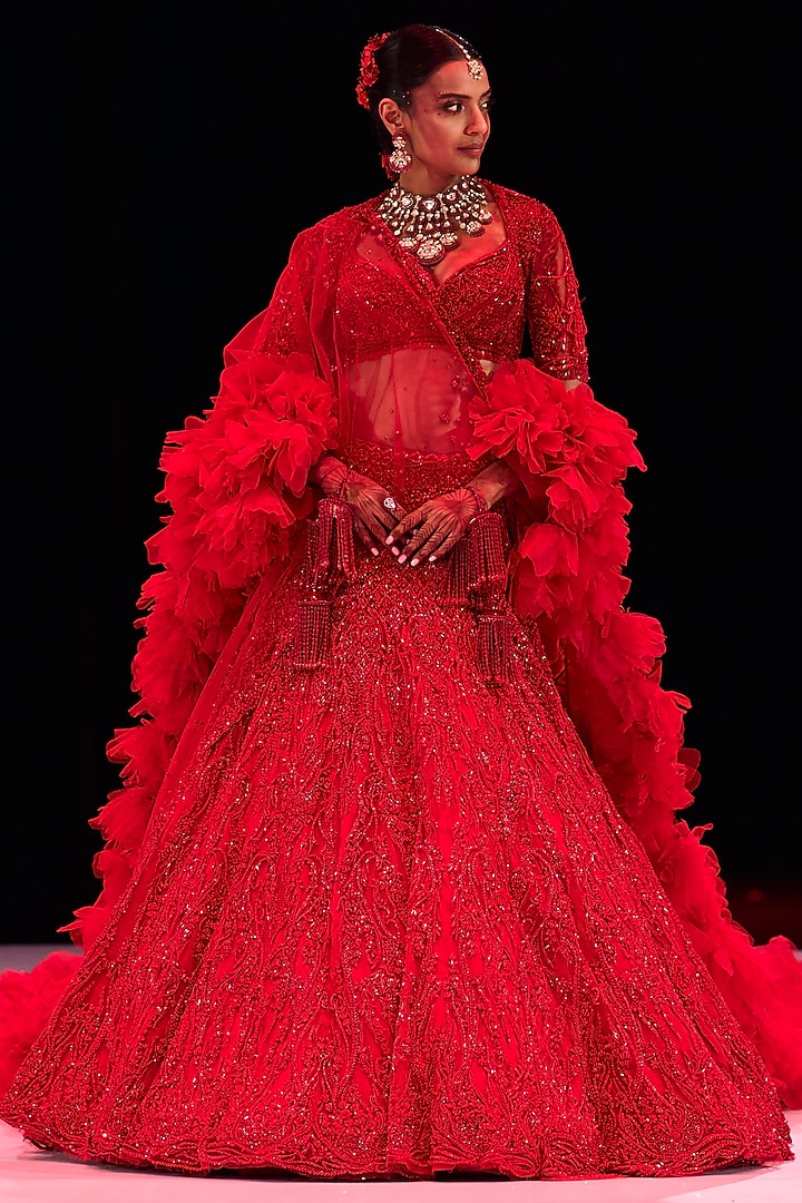 Vermilion Red Tulle Crystal Embroidered Lehenga Set by Gaurav Gupta at Pernia's Pop Up Shop