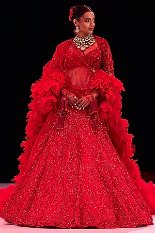 Vermilion Red Tulle Crystal Embroidered Lehenga Set by Gaurav Gupta