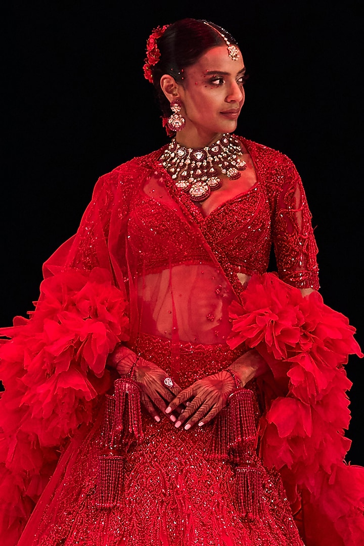 Vermilion Red Tulle Crystal Embroidered Lehenga Set by Gaurav Gupta at Pernia's Pop Up Shop