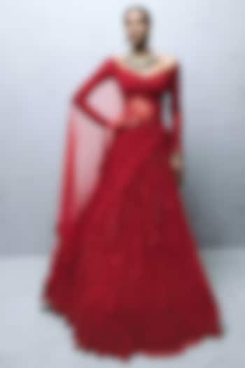 Lava Red Tulle Crystal Embroidered Lehenga Set by Gaurav Gupta at Pernia's Pop Up Shop
