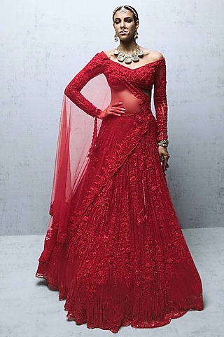 Lava Red Tulle Crystal Embroidered Lehenga Set by Gaurav Gupta