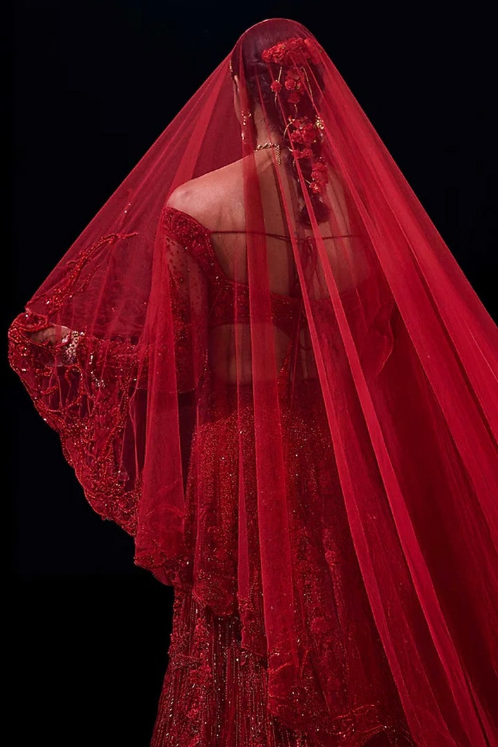 Lava Red Tulle Crystal Embroidered Lehenga Set by Gaurav Gupta at Pernia's Pop Up Shop