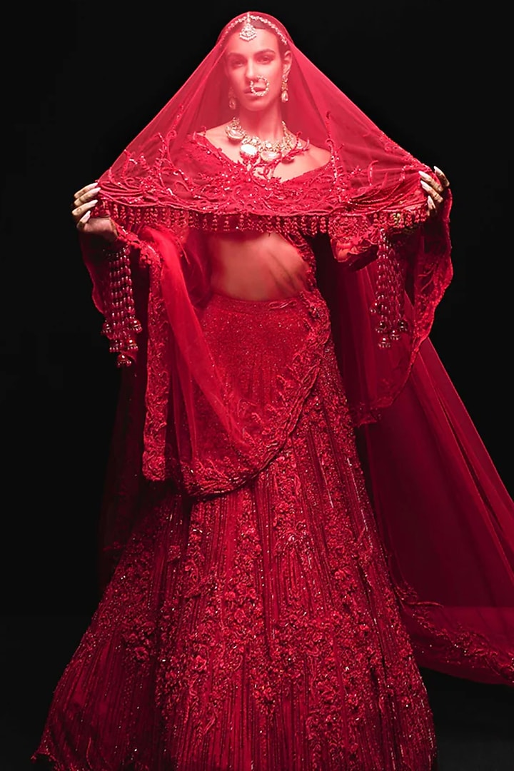Lava Red Tulle Crystal Embroidered Lehenga Set by Gaurav Gupta at Pernia's Pop Up Shop