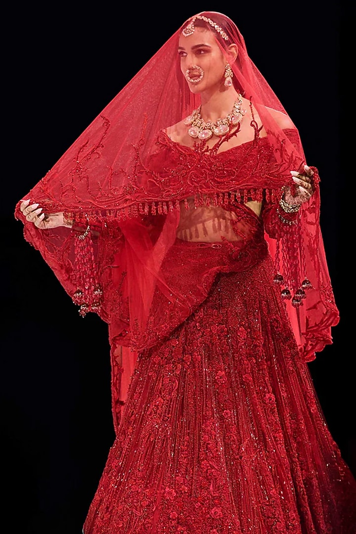 Lava Red Tulle Crystal Embroidered Lehenga Set by Gaurav Gupta at Pernia's Pop Up Shop