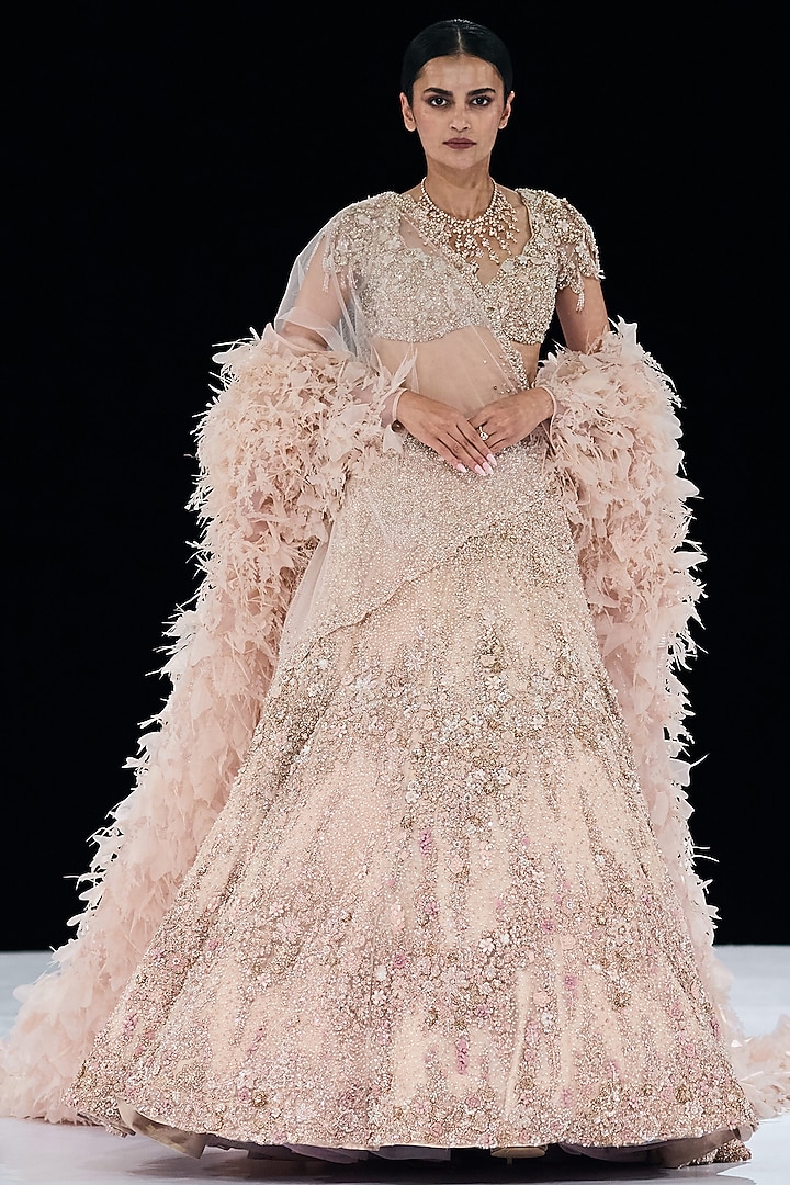 Rose Gold Mist Tulle Sequin & Floral Embroidered Lehenga Set by Gaurav Gupta at Pernia's Pop Up Shop