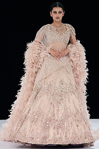 Rose Gold Mist Tulle Sequin & Floral Embroidered Lehenga Set by Gaurav Gupta